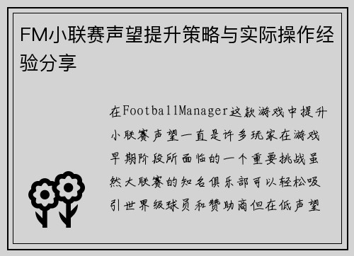 FM小联赛声望提升策略与实际操作经验分享