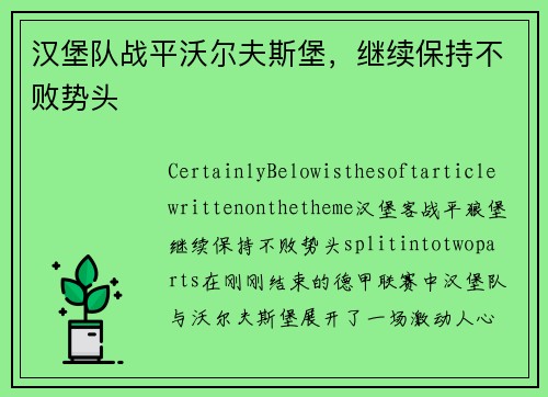 汉堡队战平沃尔夫斯堡，继续保持不败势头